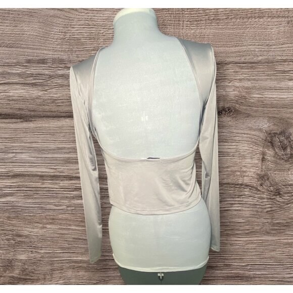 Stradivarius Womens Long Sleeve Open Back Top Light Gray Size L Holiday Party - Picture 3 of 7